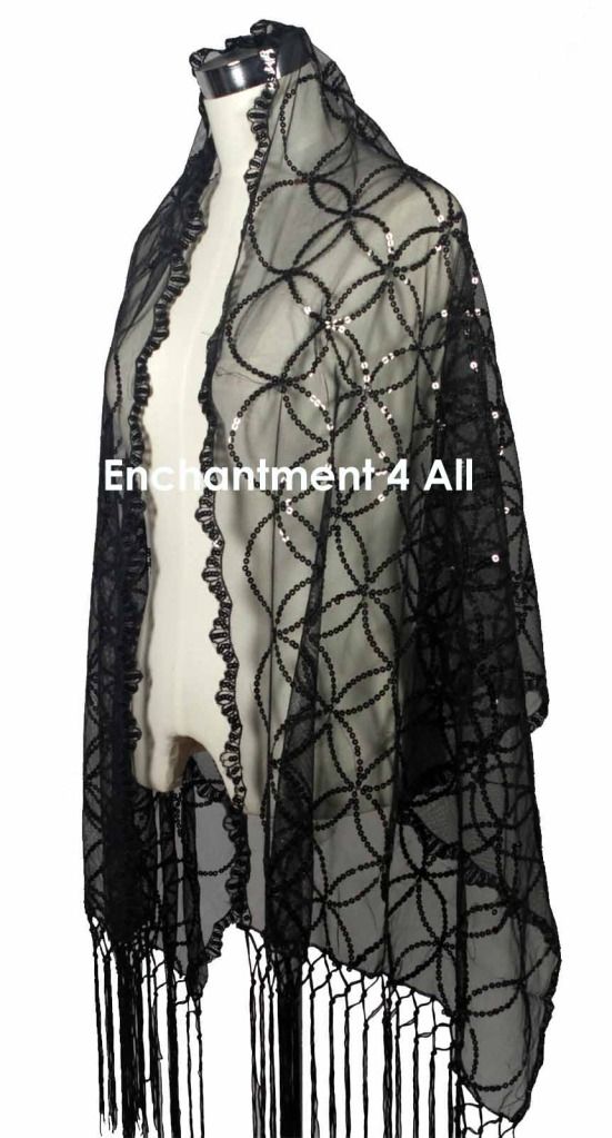 Elegant Lace Scarf Shawl Wrap w/ Sequin Floral Pattern & Crochet Fringe ...